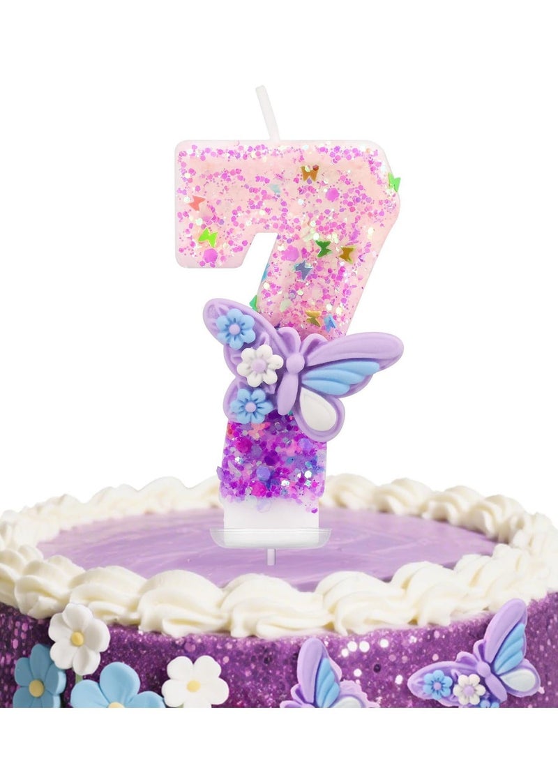 Birthday Number Candles, Pink and Purple Butterfly Birthday Candles for Cake, Glitter Number 3 Candle Cake Topper Decoration for Boys Girls Party Supplies (Number 7)